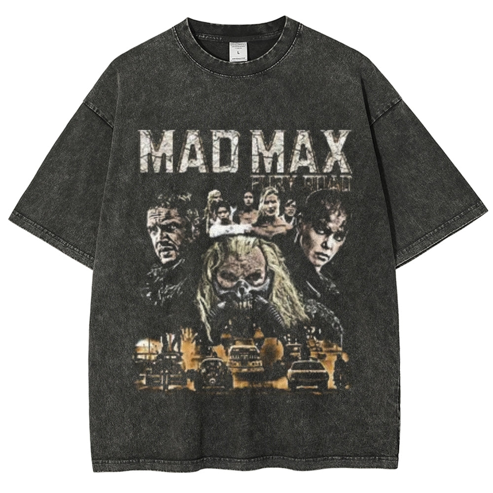 Unisex Vintage Madmax Darkness Style Graphic Short Sleeve Washed T-shirt