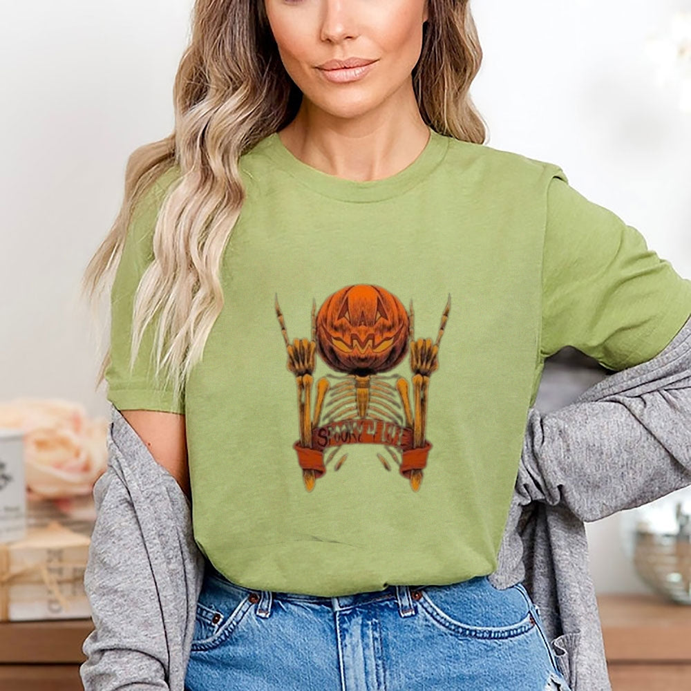 Women Halloween Spooky Finger Skull Graphic T-shirt