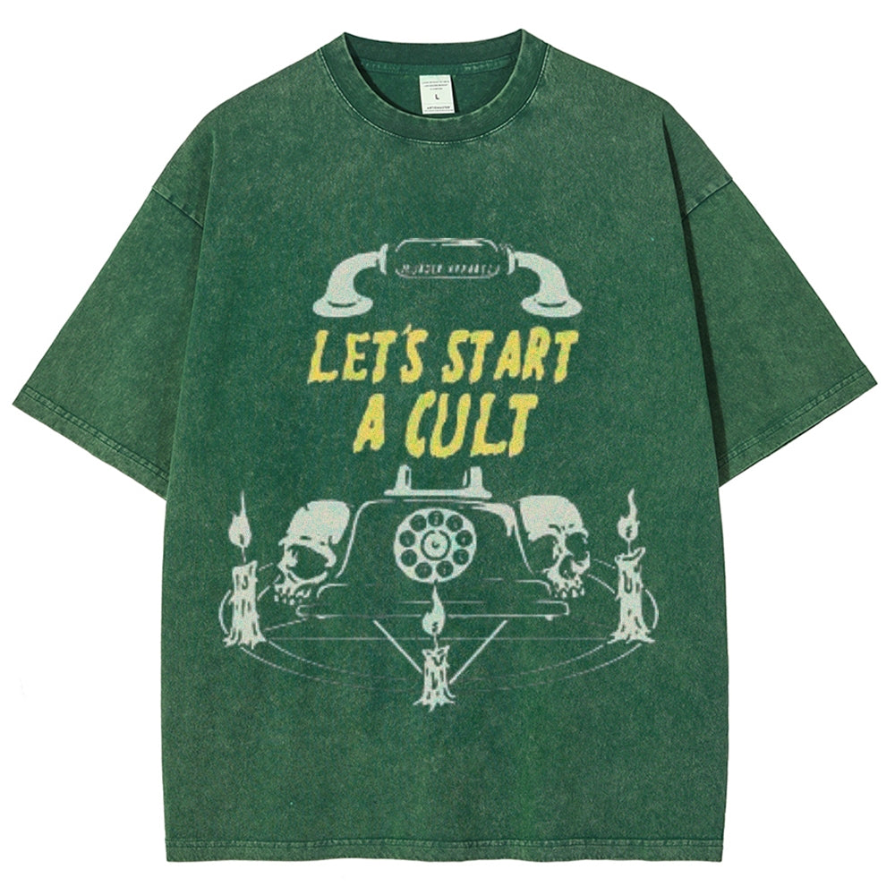 Unisex Vintage Let's Start A Cult Graphic Short Sleeve Washed T-shirt