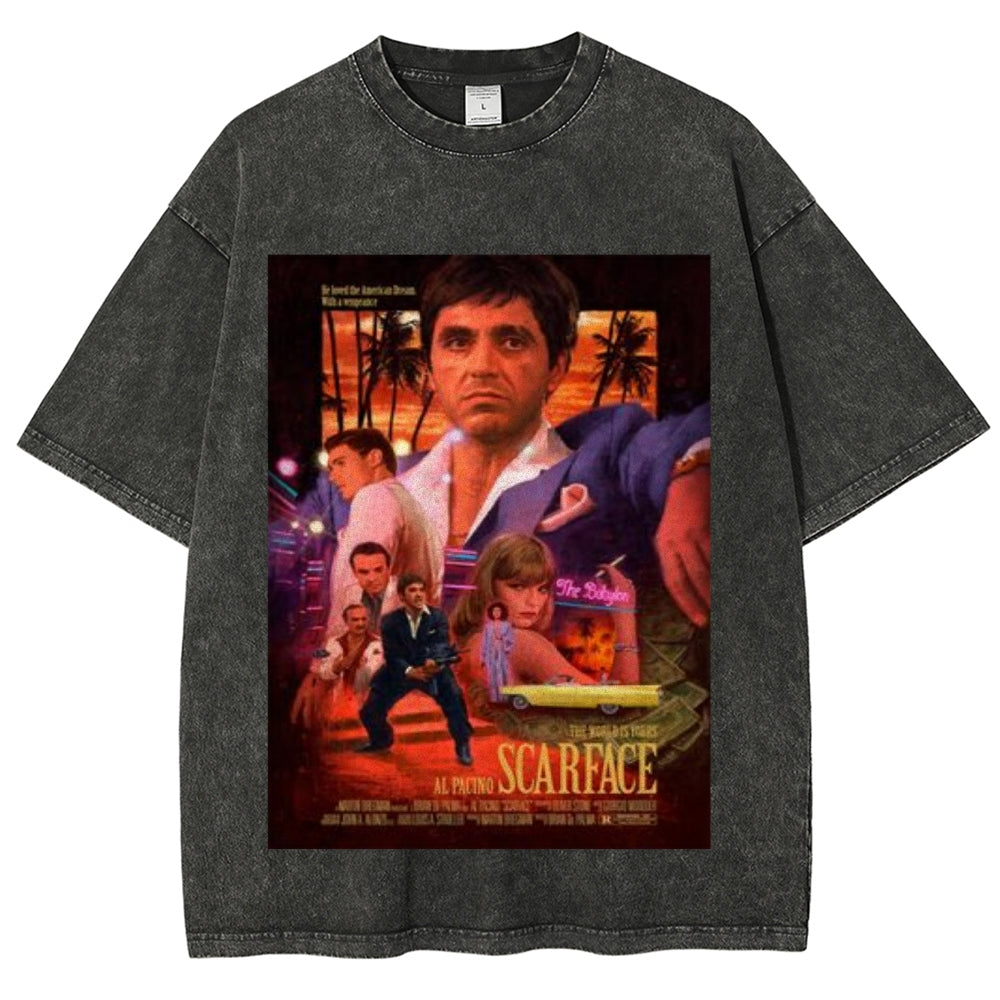 Unisex Vintage Scarface Horror Graphic Short Sleeve Washed T-shirt