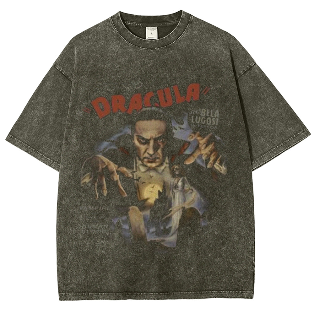 Unisex Vintage Dracula Horror Graphic Short Sleeve Washed T-shirt