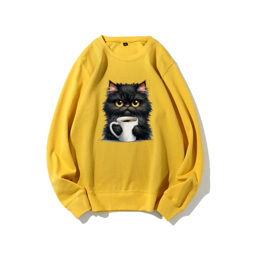 Black Cat with Coffee Cup Graphic Sweatshirts