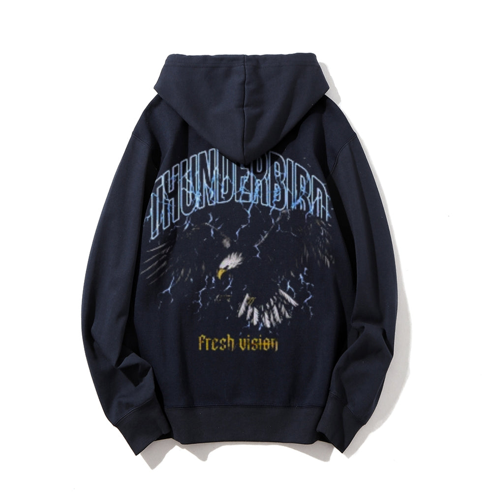 Mens Vintage Thunderbird Print Graphic Pullover With Kangaroo Pocket Hoodies