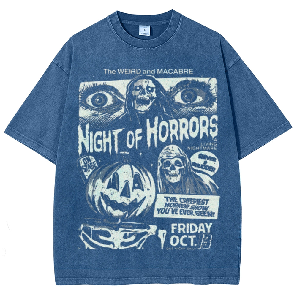 Unisex Vintage Night of Horrors Graphic Short Sleeve Washed T-shirt