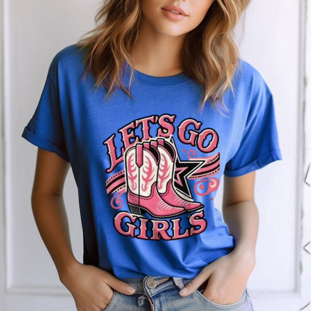 Women Western Cowboy Style Let's Go Cowgirls Print Graphic T-shirt