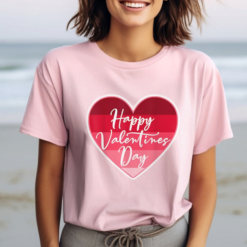 Women Happy Valentine's Day Pink Heart Print Graphic T-shirt