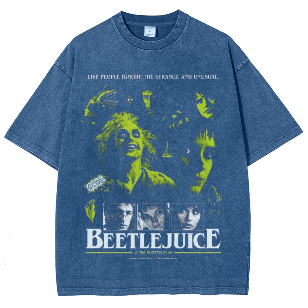 Unisex Vintage The Beetlejuice Horror Graphic Short Sleeve Washed T-shirt