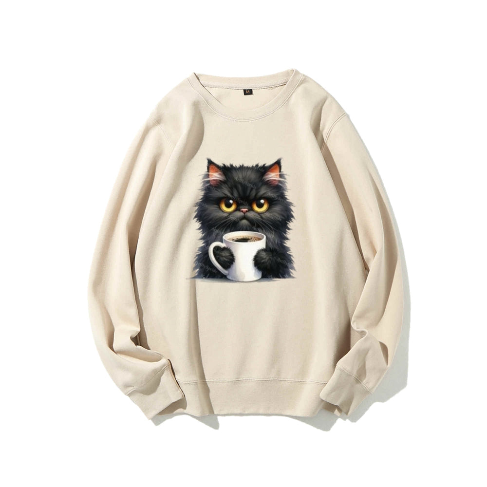 Black Cat with Coffee Cup Graphic Sweatshirts