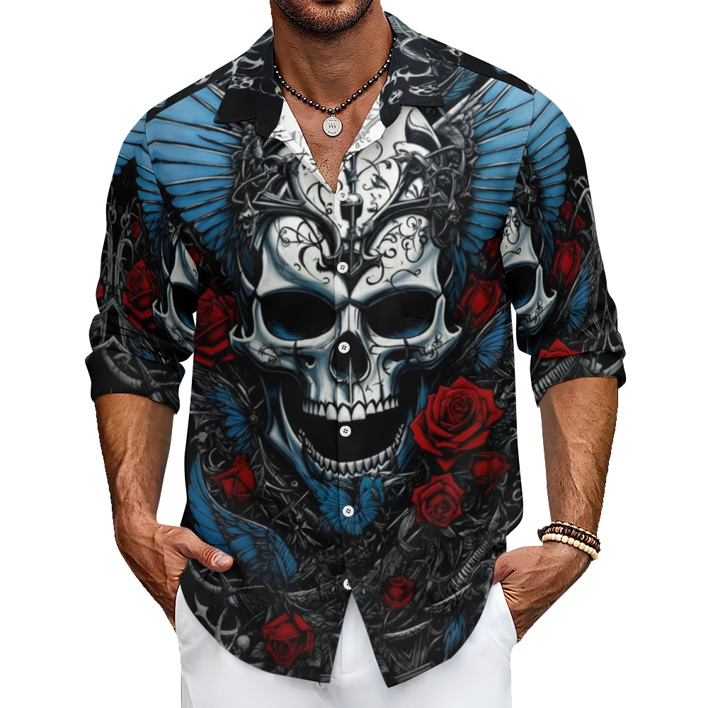 Mens Gothic Skull and Roses 3D Print Long Sleeve Shirt