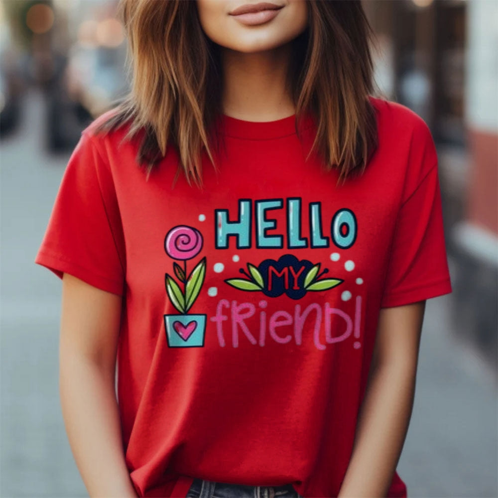 Women Hello My Friends Letter And Flower Print Graphic T-shirt