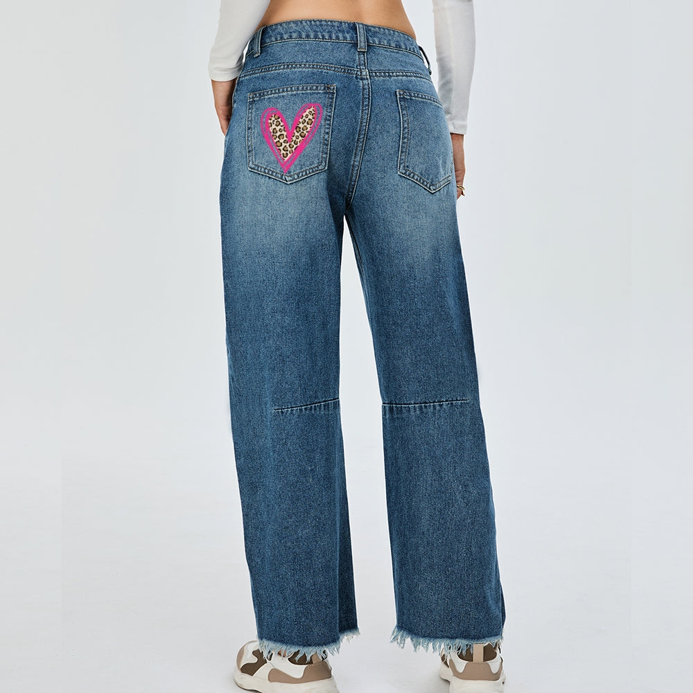 Women Valentine's Day Love Leopard Heart Print Baggy Straight Leg Jean