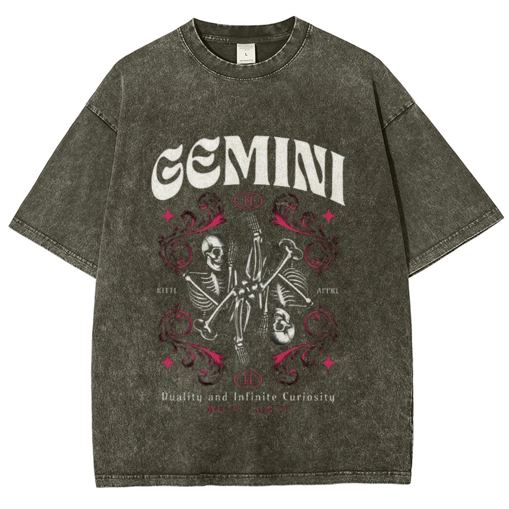 Women Washed Vintage Gemini Skull Graphic T-shirt