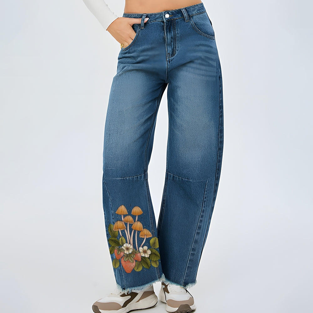 Women Plant And Mushroom Graphic Baggy Straight Leg Jean