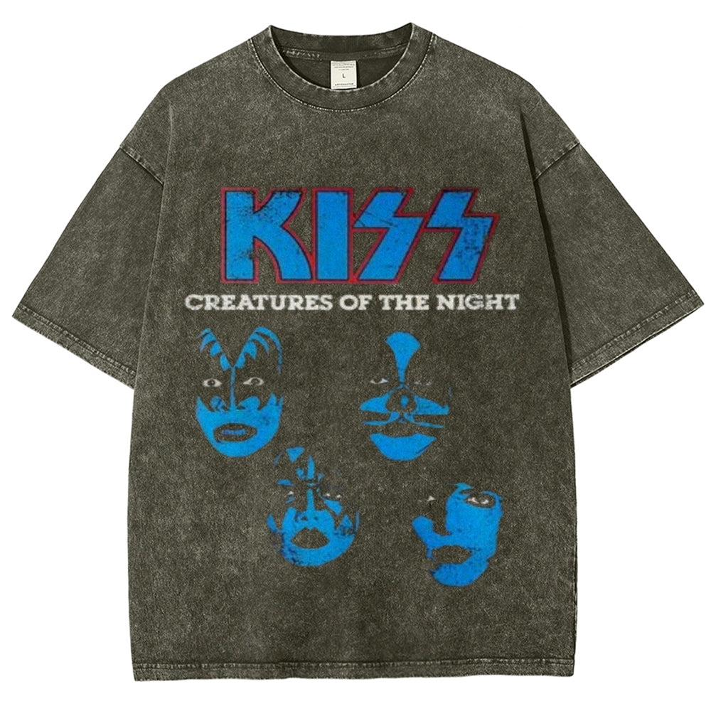 Unisex Vintage The Kiss Rock Band Print Short Sleeve Casual Graphic Washed T-shirt