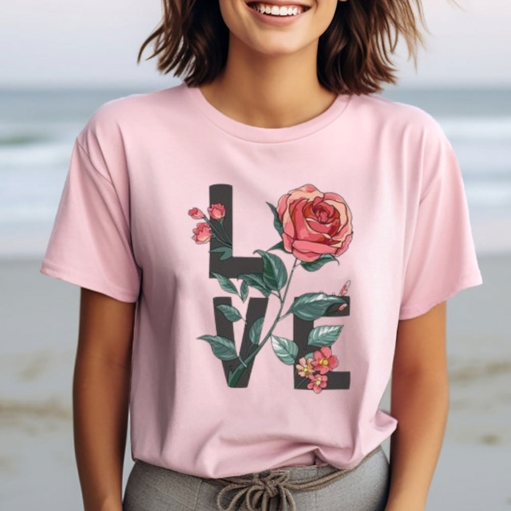 Women Love Flower Print Graphic T-shirt