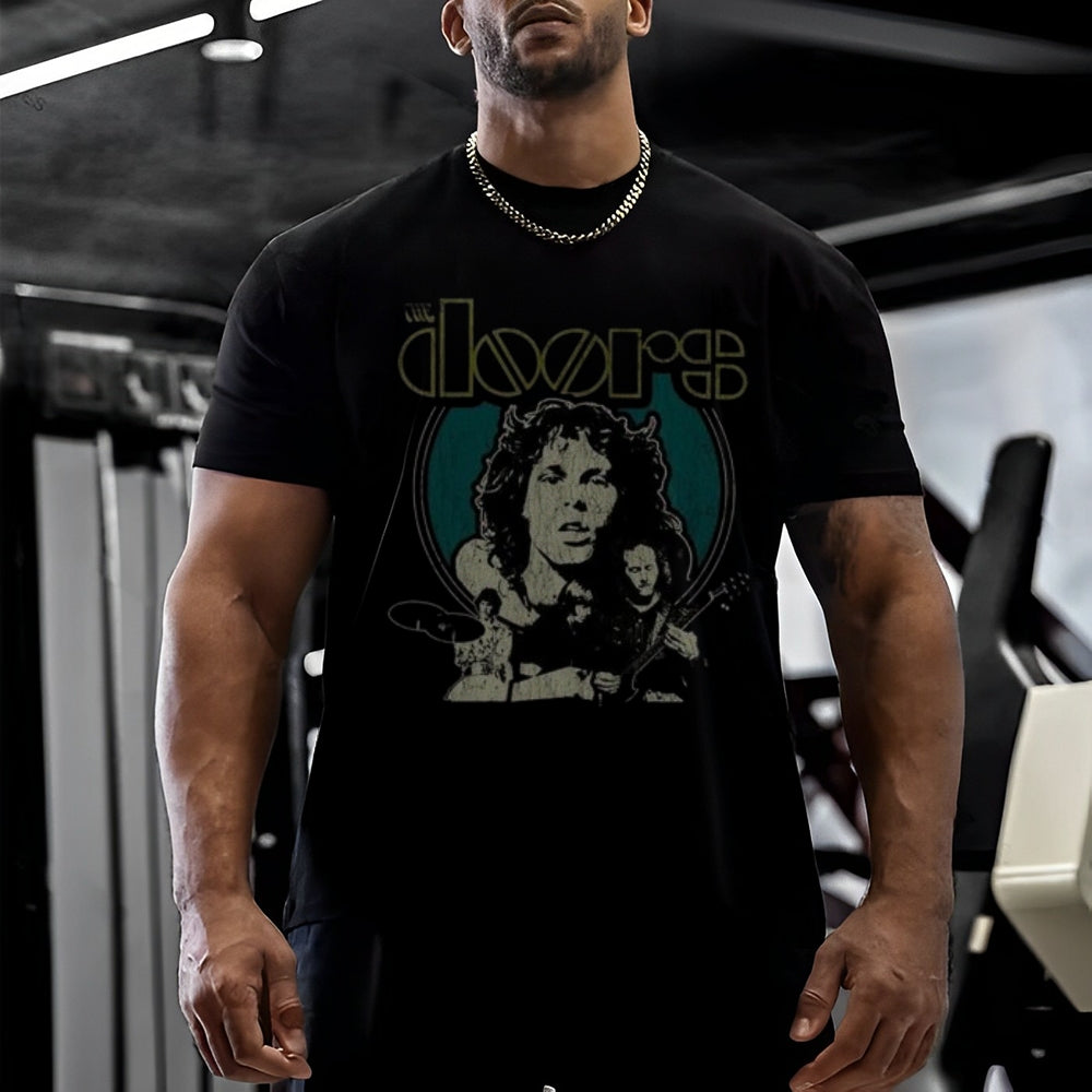 Mens Vintage The Doors Rock Band Print Cotton Short Sleeve Casual T-shirt