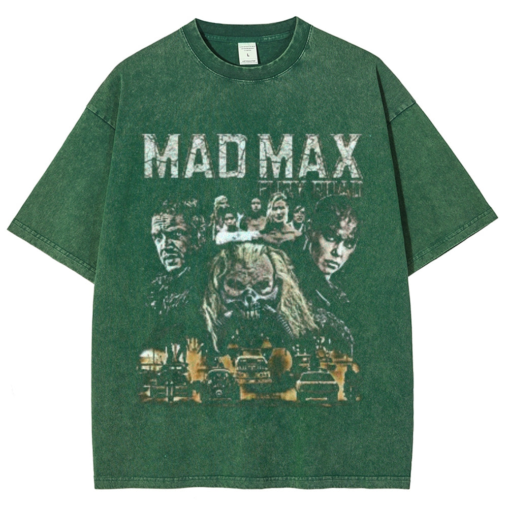 Unisex Vintage Madmax Darkness Style Graphic Short Sleeve Washed T-shirt