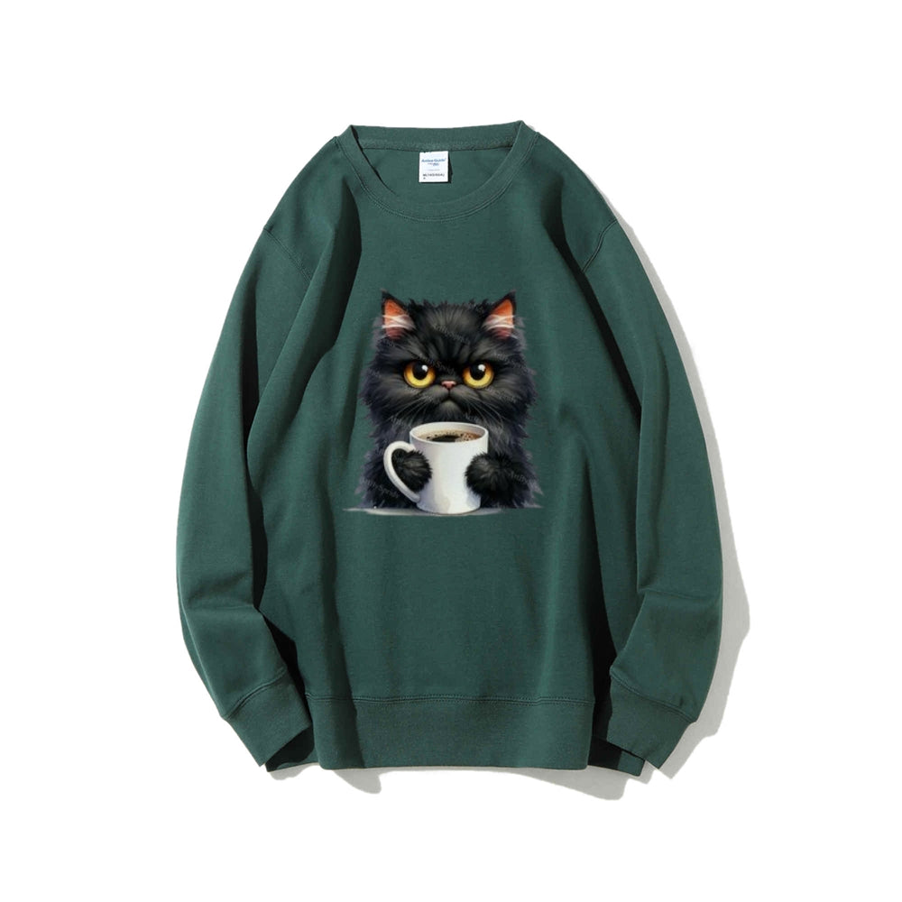 Black Cat with Coffee Cup Graphic Sweatshirts