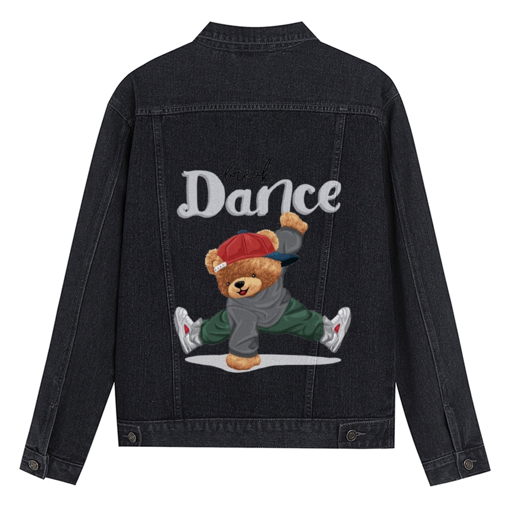 Mens Vintage Cartoon Cute Dance Bear Prints Denim Jacket