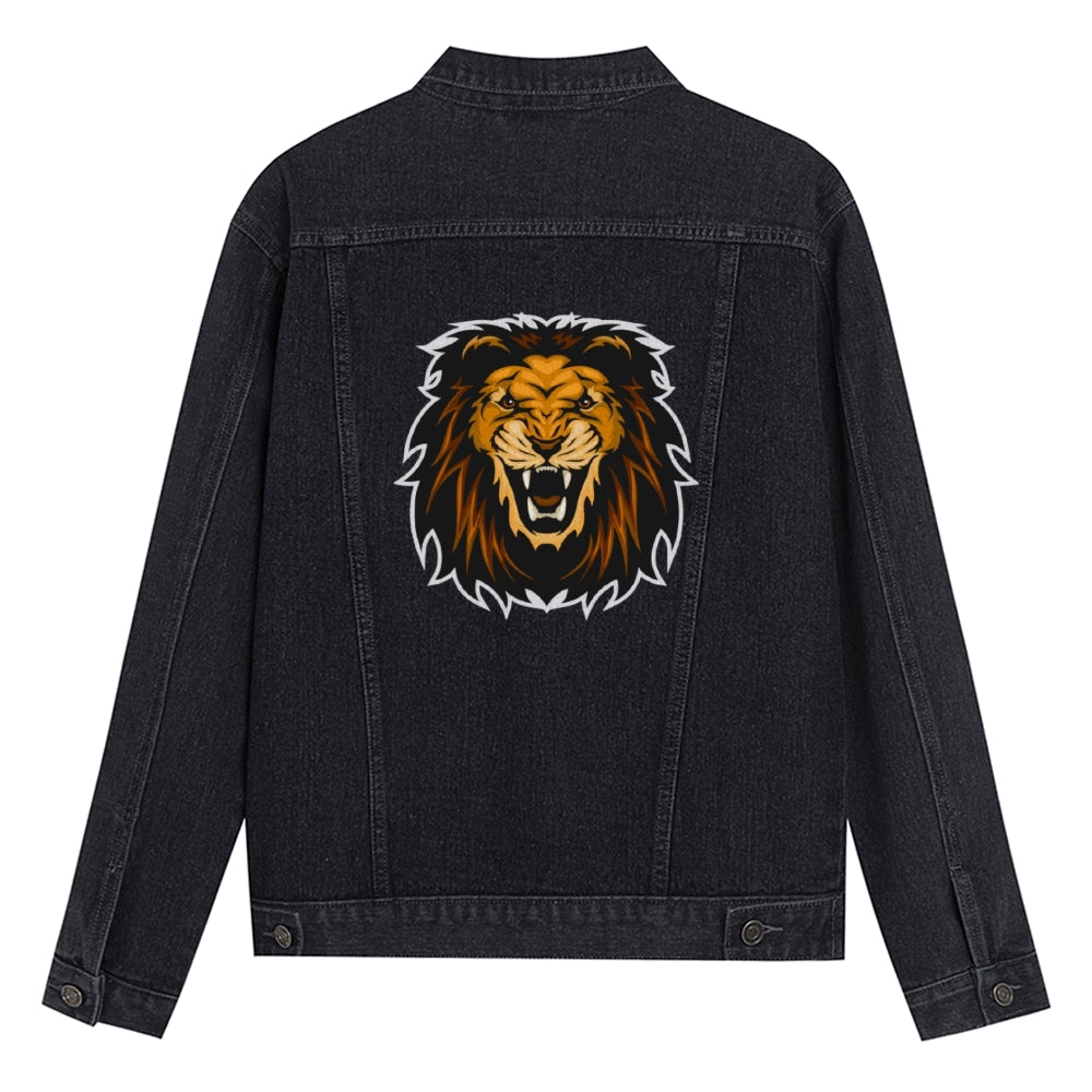 Mens Vintage Cartoon Prints Lion Head Denim Jacket