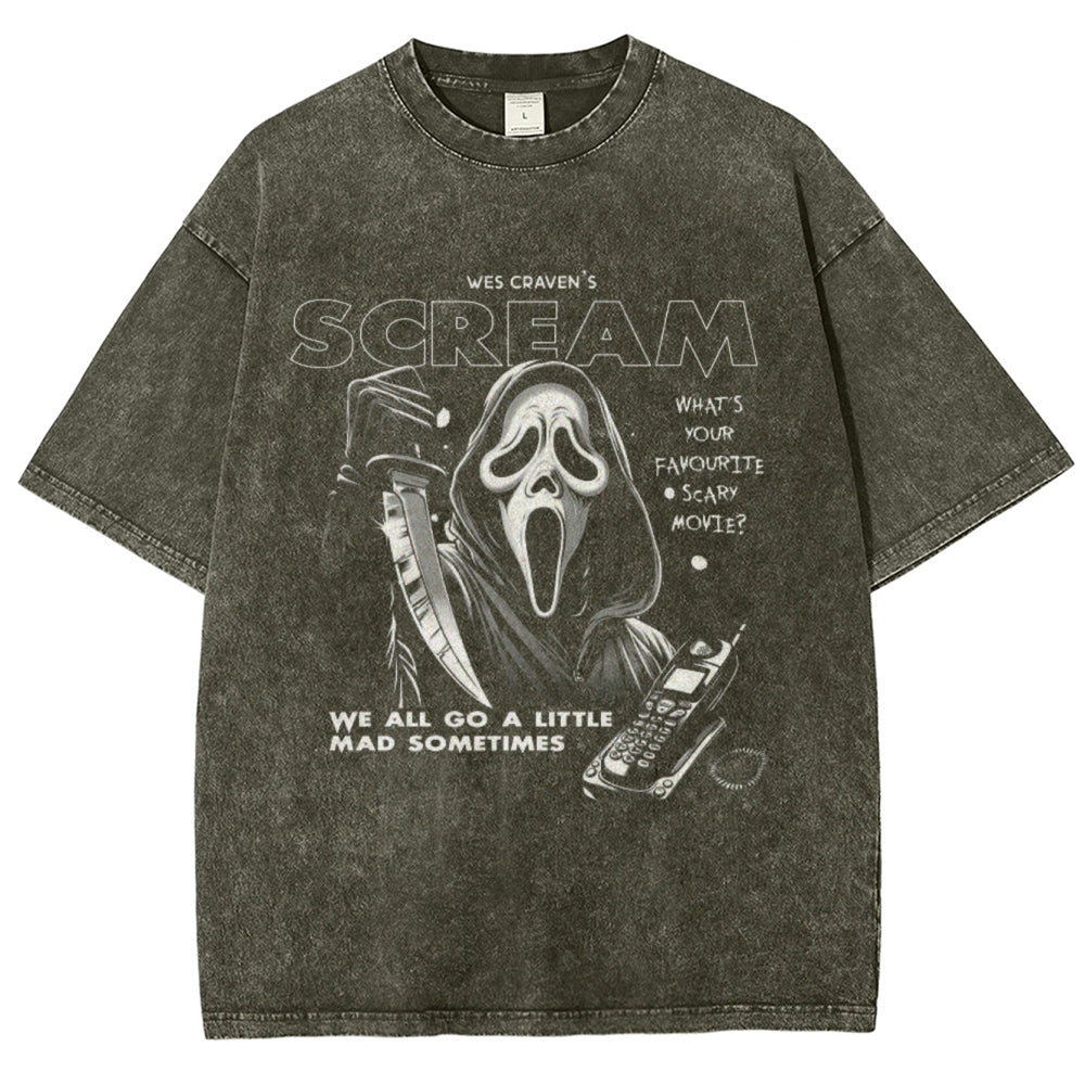 Unisex Vintage Scream Horror Movie Graphic Short Sleeve Washed T-shirt