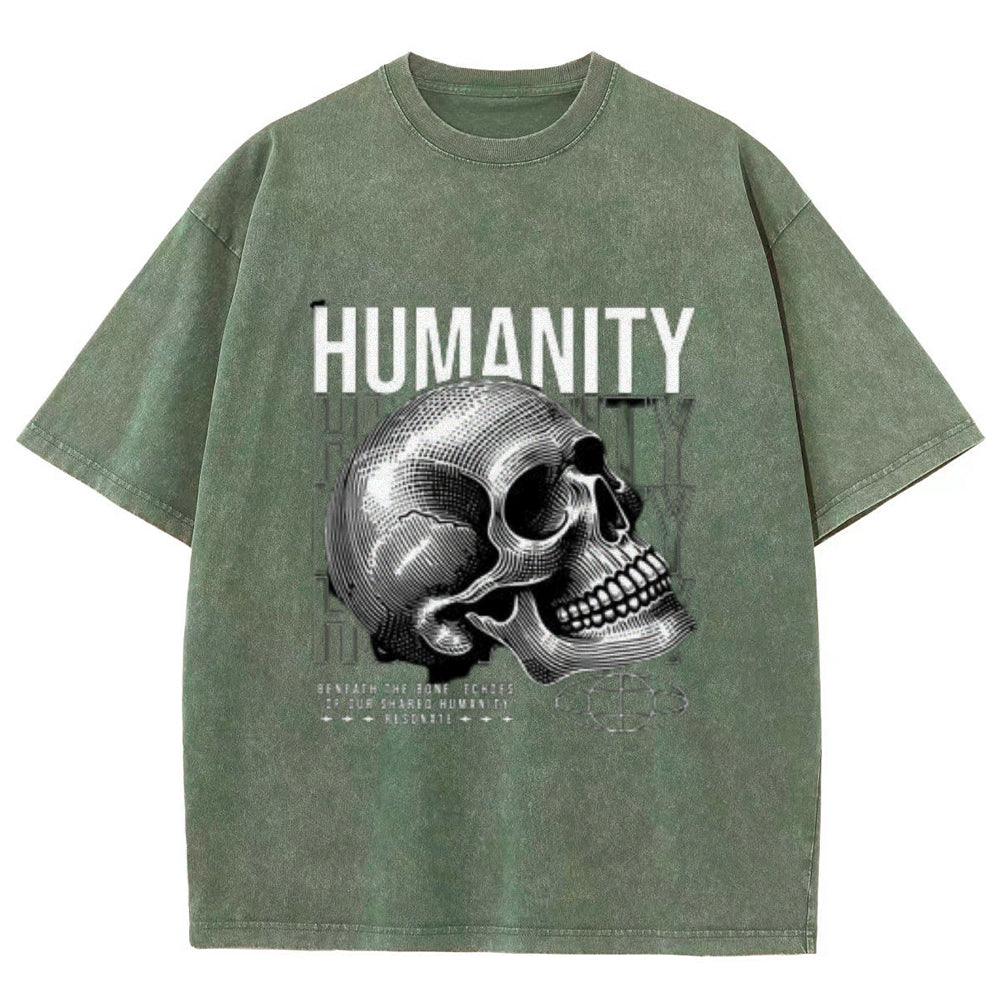 Women Washed Vintage Humanity Skull Graphic T-shirt