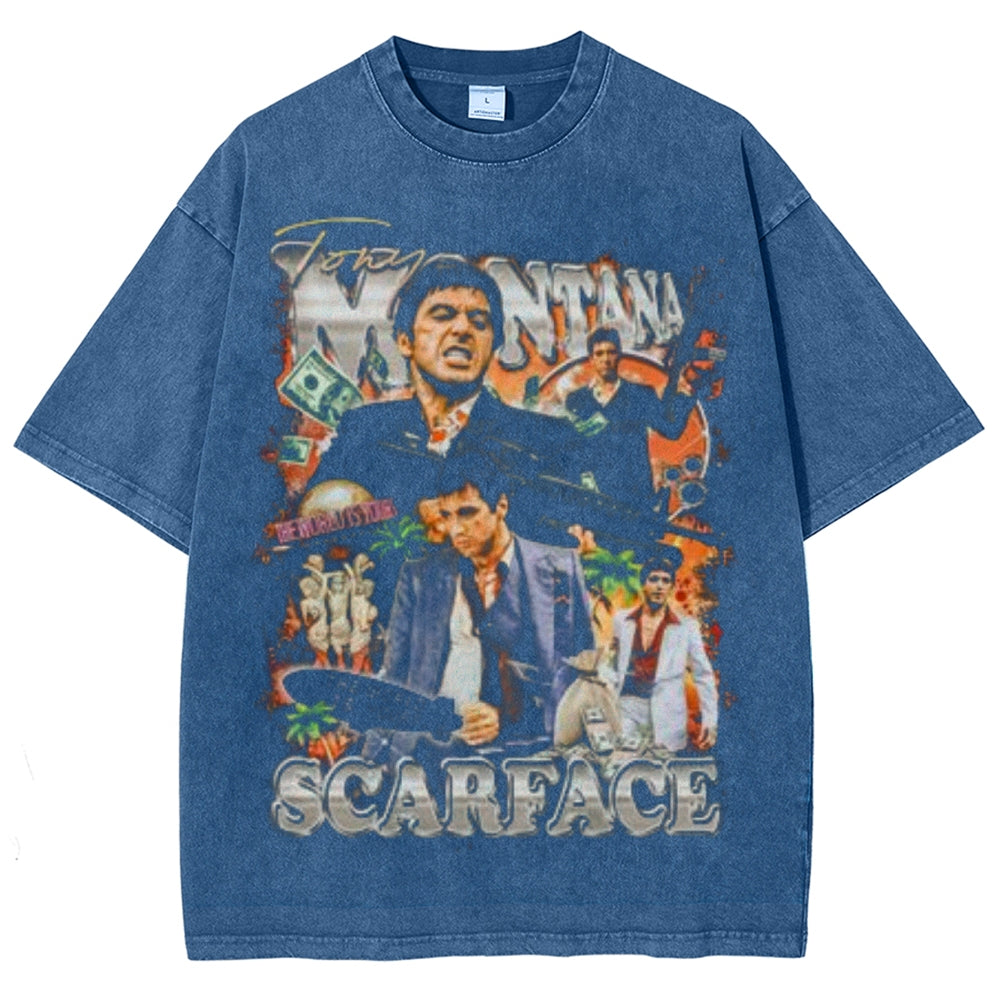 Unisex Vintage Scarface Horror Graphic Short Sleeve Washed T-shirt