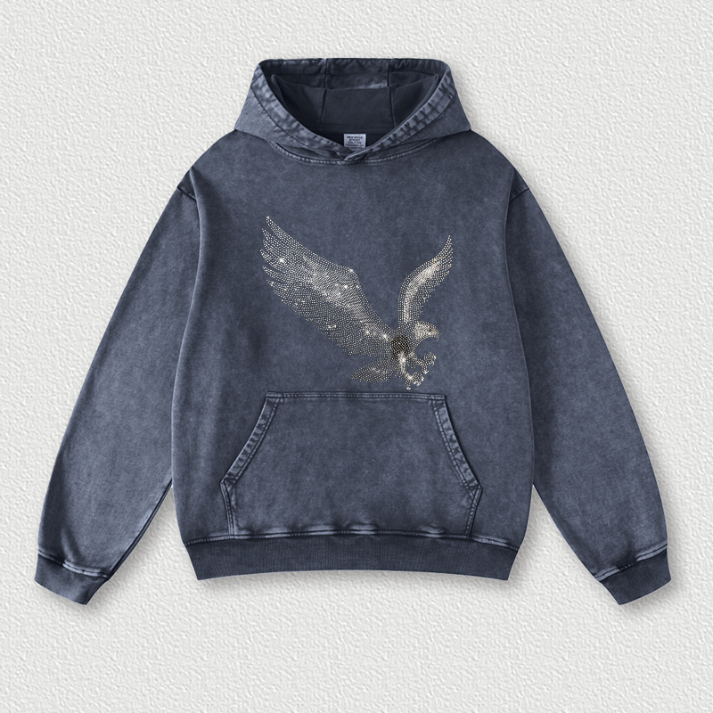 Power Eagle Vintage Graphic Street Acid Washed Pullover Hoodie