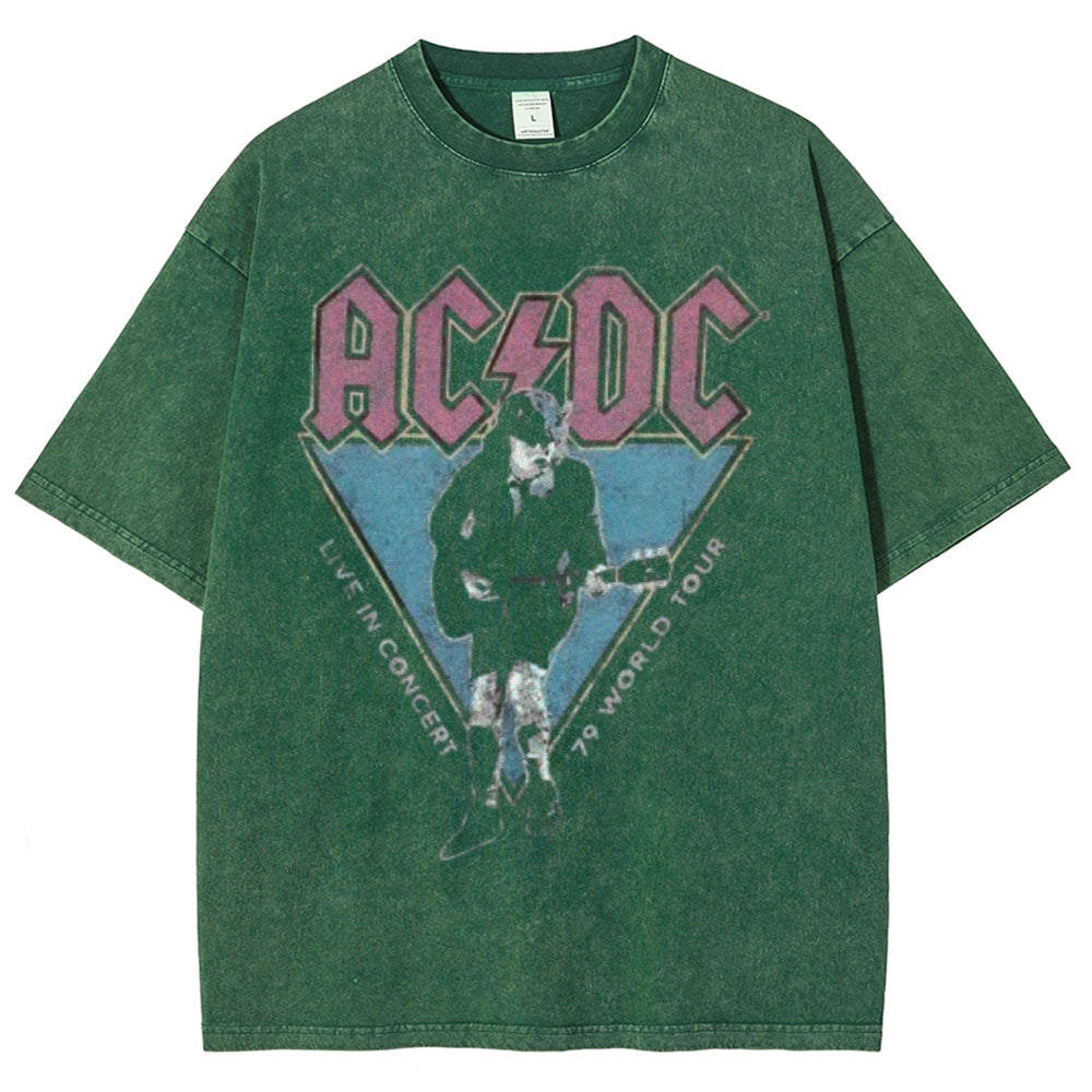 Unisex Vintage The Acdc Rock Band Print Short Sleeve Casual Graphic Washed T-shirt