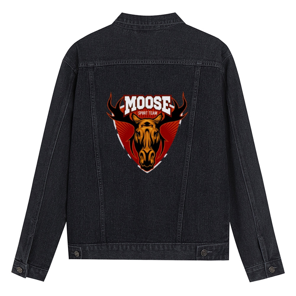 Mens Vintage Cartoon Prints MOOSE SPORT TEAM Denim Jacket