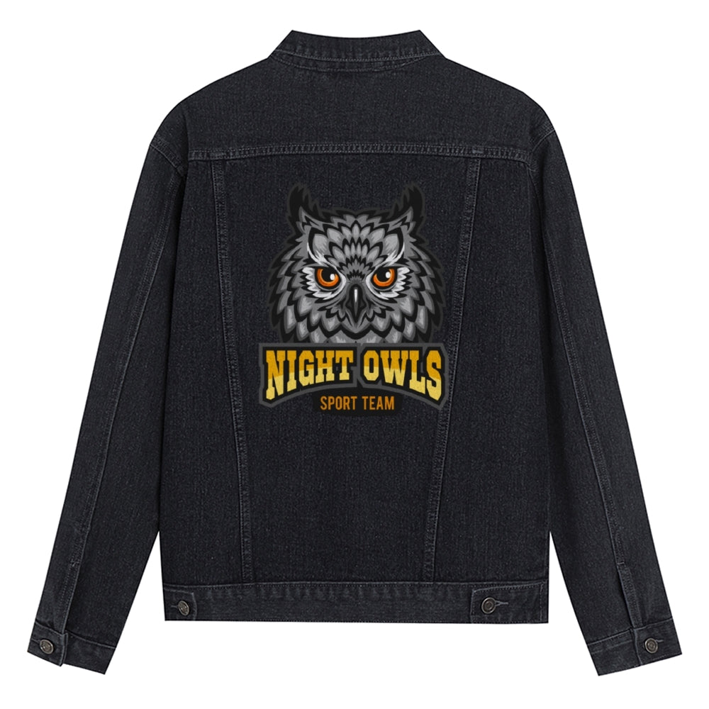 Mens Vintage Cartoon Prints NIGHT OWLS SPORT TEAM Denim Jacket