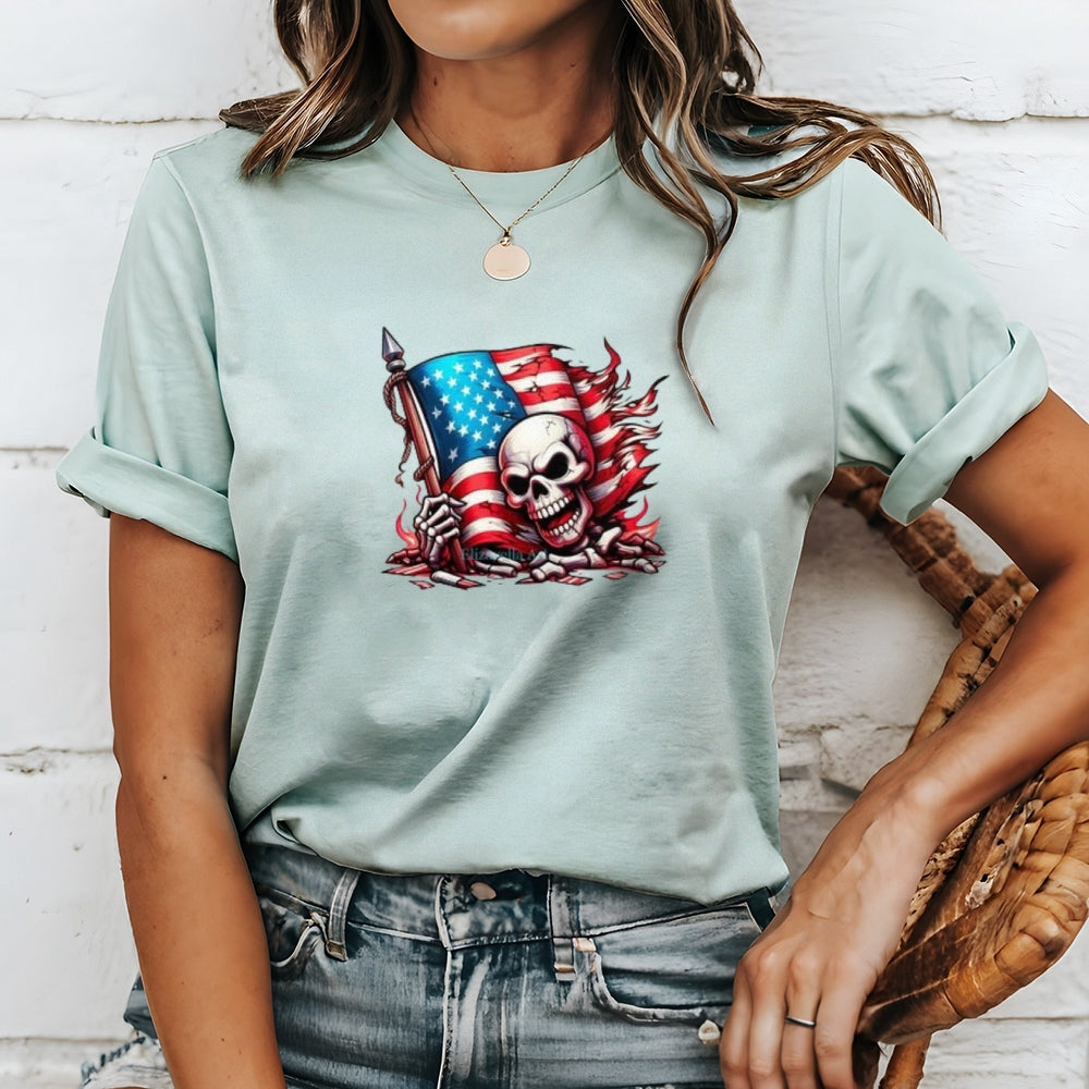 Women Flag Independence Day Skull Print T-shirt