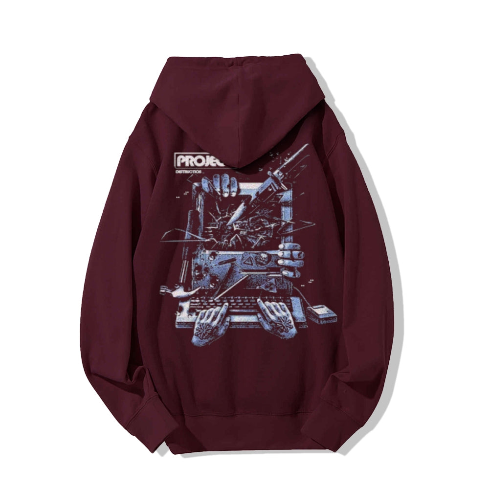 Mens Vintage Machine Project Darkness Style Print Graphic Pullover With Kangaroo Pocket Hoodies