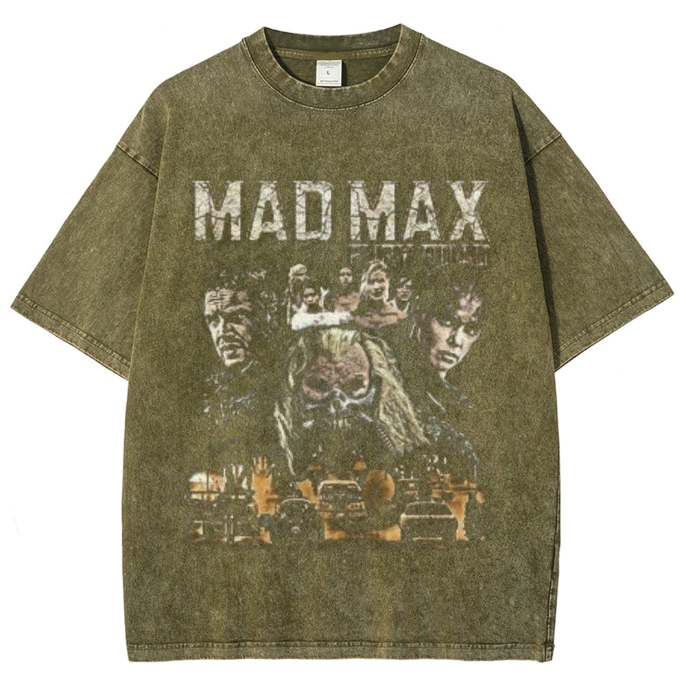 Unisex Vintage Madmax Darkness Style Graphic Short Sleeve Washed T-shirt