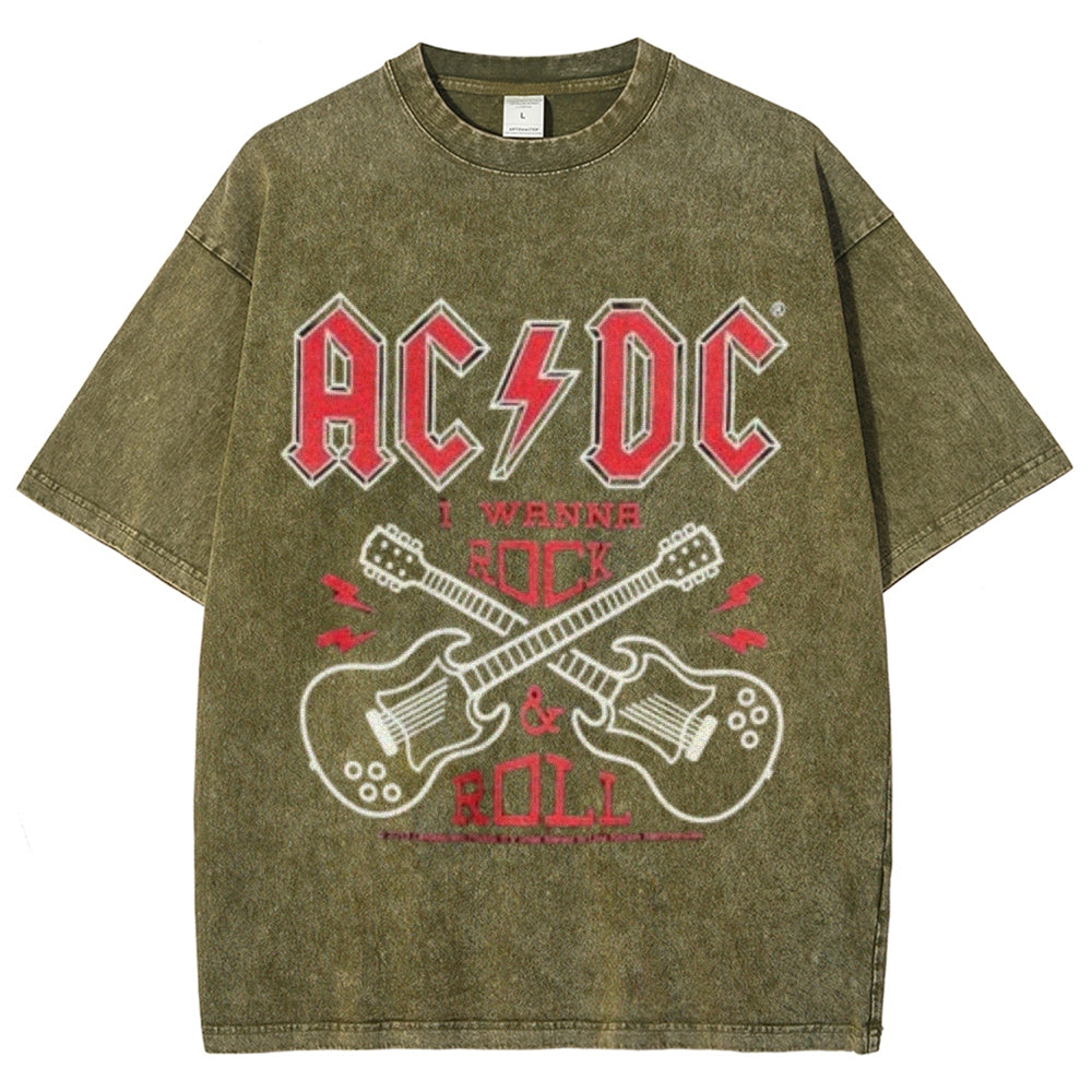 Unisex Vintage The Acdc Rock Band Print Short Sleeve Casual Graphic Washed T-shirt