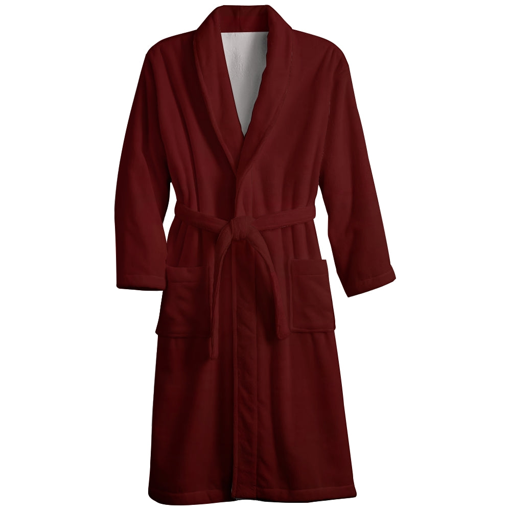 Mens Belt Wine Red Solid Color Fleece Lounge Robe 2411007058