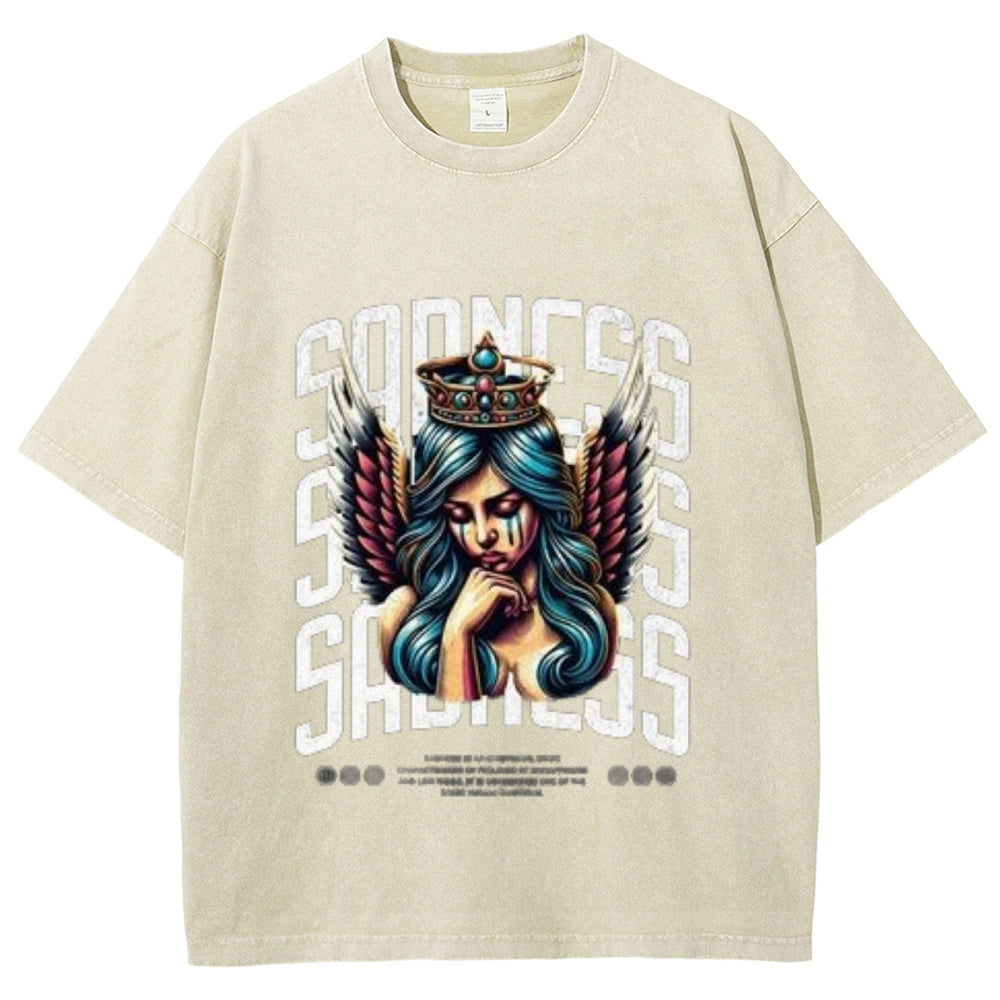 Women Washed Vintage Sading Angel Graphic T-shirt