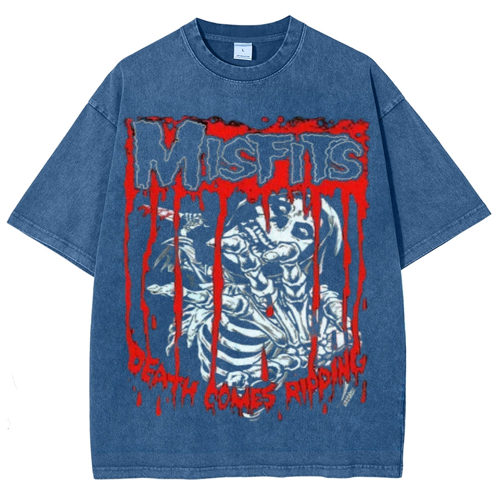 Unisex Vintage The Misfits Rock Band Print Short Sleeve Casual Graphic Washed T-shirt