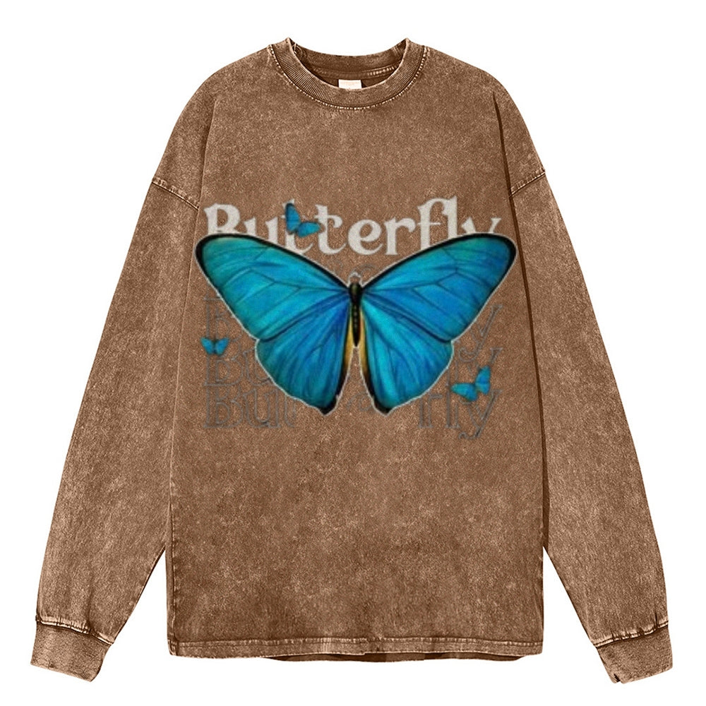 Oversized Vintage Washed Blue Butterfly Graphic Sweatshirt