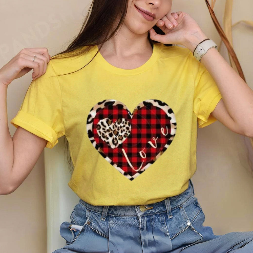 Women Love Leopard Heart Valentine's Day Print Graphic T-shirt