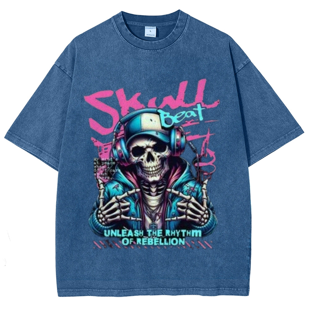 Women Washed Vintage Skull Beat Graphic T-shirt