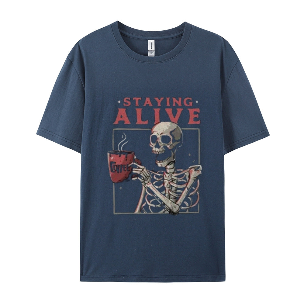 Mens Staying Alive Skull with Coffee Graphic Tee