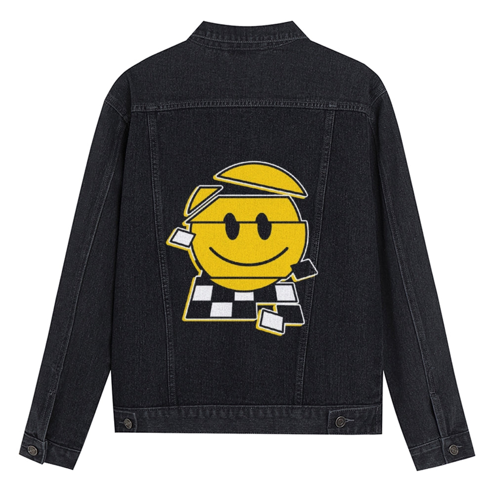 Mens Vintage Cartoon Prints Yellow Smiley Face Denim Jacket