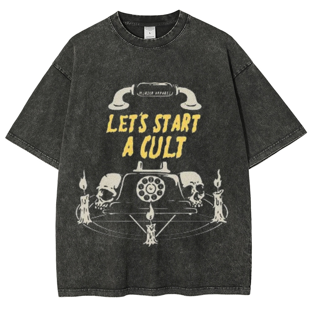 Unisex Vintage Let's Start A Cult Graphic Short Sleeve Washed T-shirt