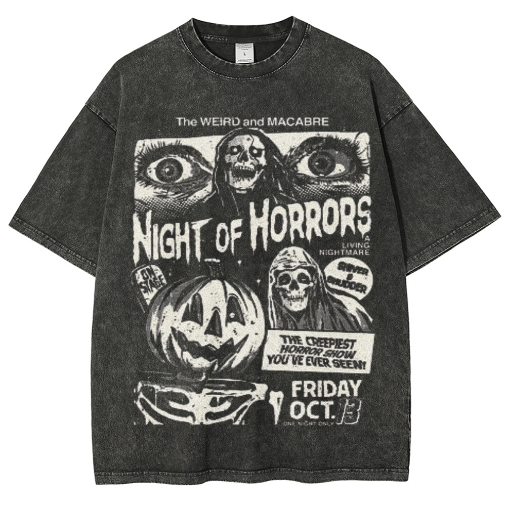 Unisex Vintage Night of Horrors Graphic Short Sleeve Washed T-shirt