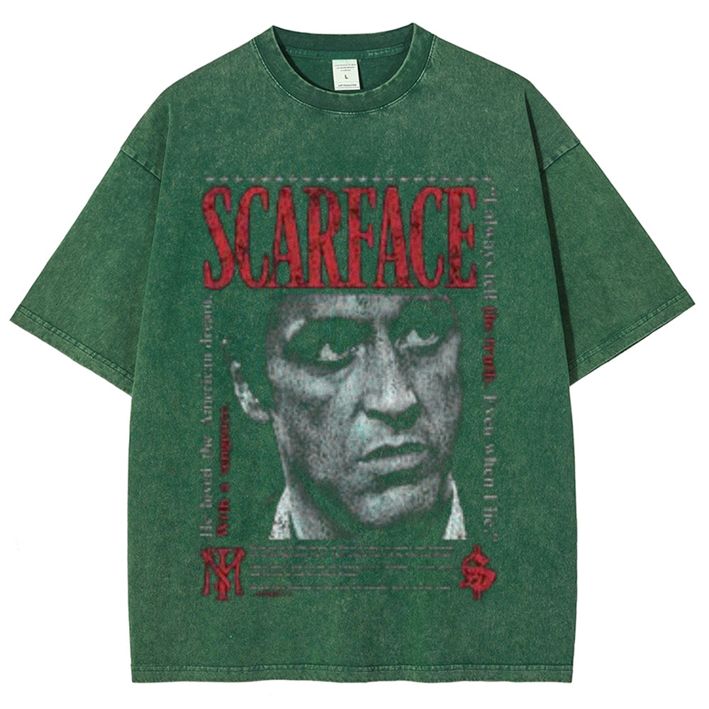 Unisex Vintage Scarface Horror Graphic Short Sleeve Washed T-shirt