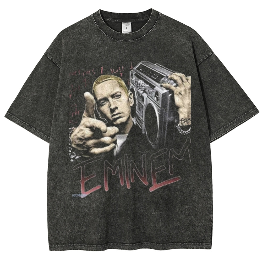 Unisex Vintage Eminem Darkness Style Graphic Short Sleeve Washed T-shirt