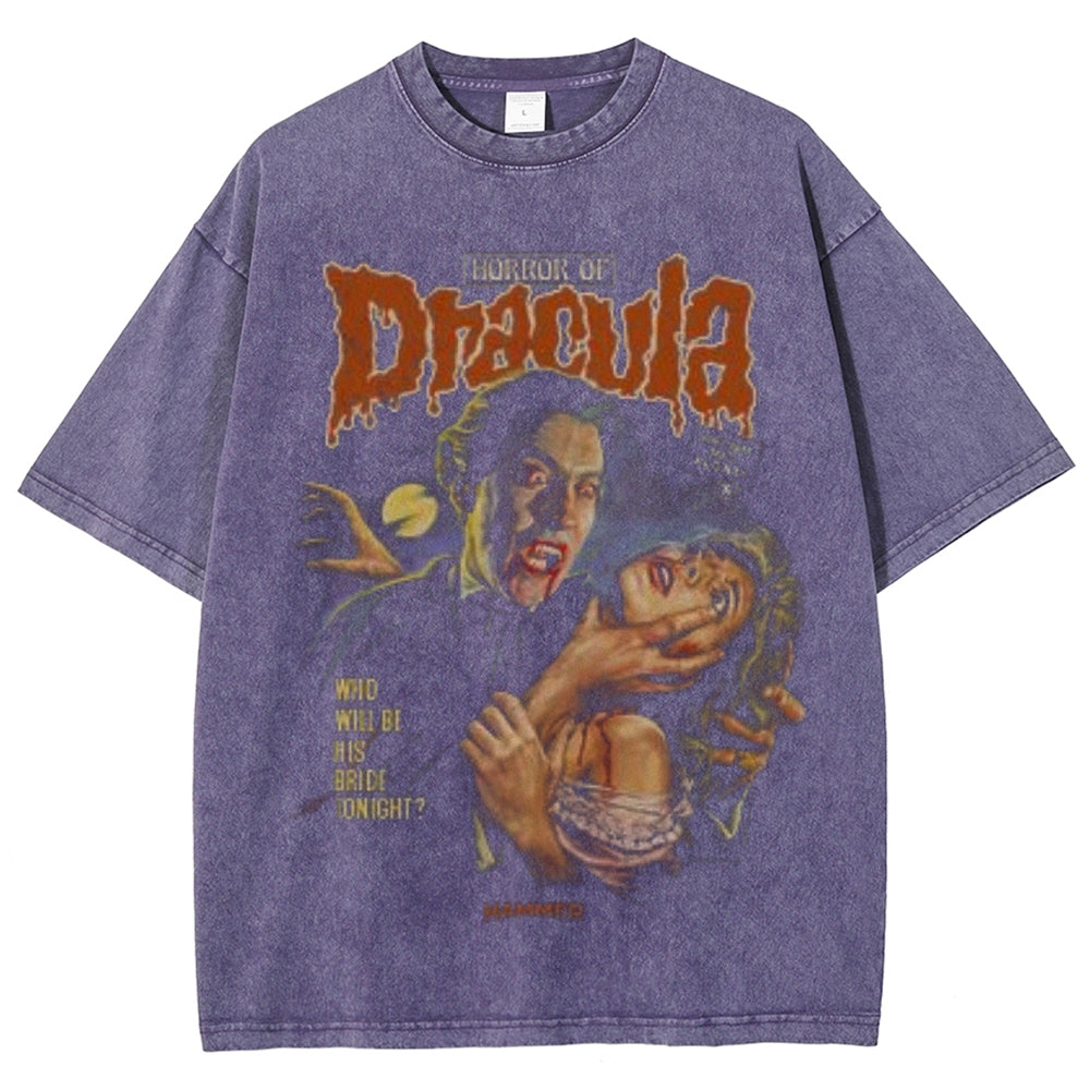 Unisex Vintage Horror of the Dracula Movies Graphic Short Sleeve Washed T-shirt