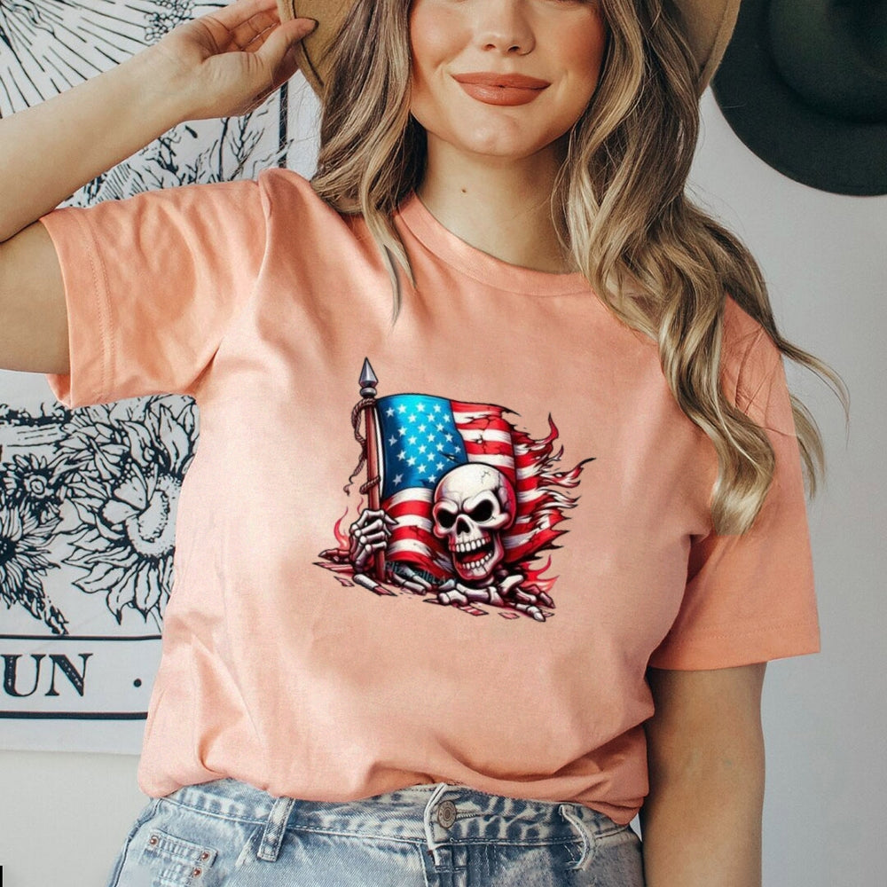 Women Flag Independence Day Skull Print T-shirt