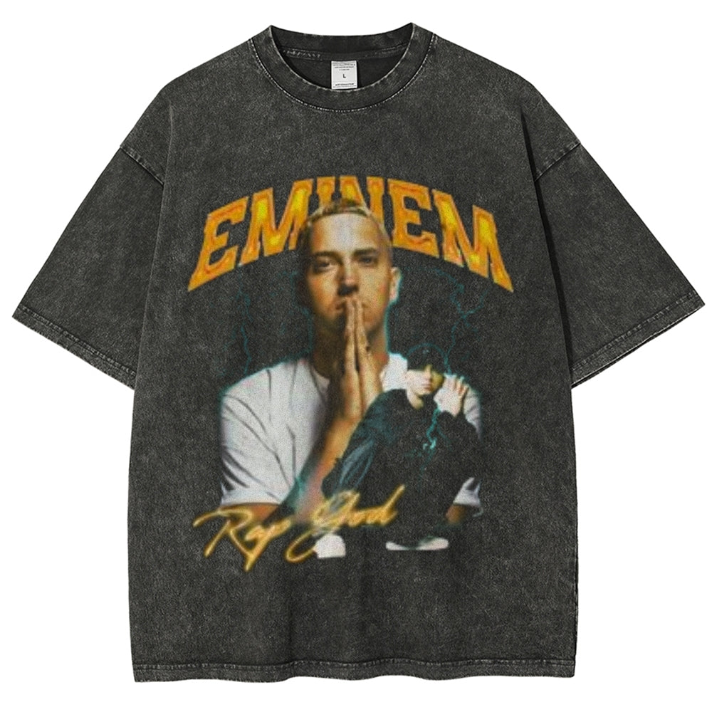 Unisex Vintage Eminem Darkness Style Graphic Short Sleeve Washed T-shirt